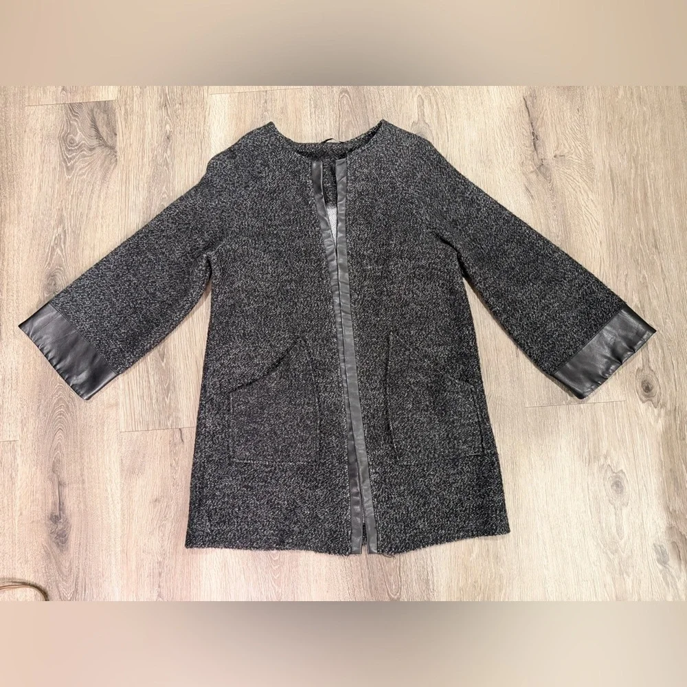 Zara women’s black tweed and faux leather cardigan